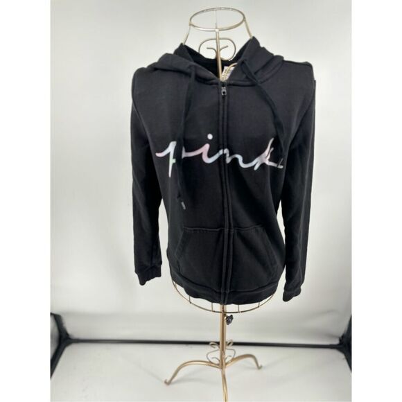 Victoria’s Secret PINK Womens XS Black White Script Logo Soft Hoody Sweat Shirt - Picture 1 of 10